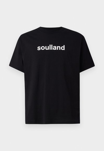 Črna bombažna majica s kratkimi rokavi in okroglo ovratnikom, z belim napisom "soulland" natisnjenim čez prsa.