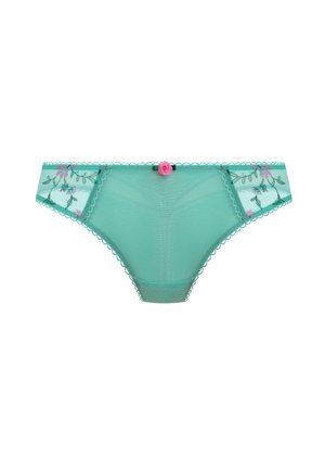 Aquamarijnkleurig kanten ondergoed met bloemrijke borduurwerk aan de zijkanten en een klein roze roosdetail aan de voorkant, met gezaagde randen.