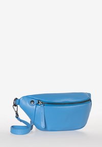 Marsupio in pelle blu dalla forma arrotondata, con tasca anteriore con zip, cintura regolabile e finitura liscia.