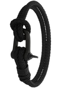Black braided rope bracelet with a black metal buckle, featuring a knotted design and smooth texture. The rope is thick and durable.