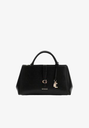 Sac à main synthétique noir avec poignées supérieures, forme trapézoïdale, accents dorés et un cadenas décoratif. Dispose d'un logo "G" bien visible.