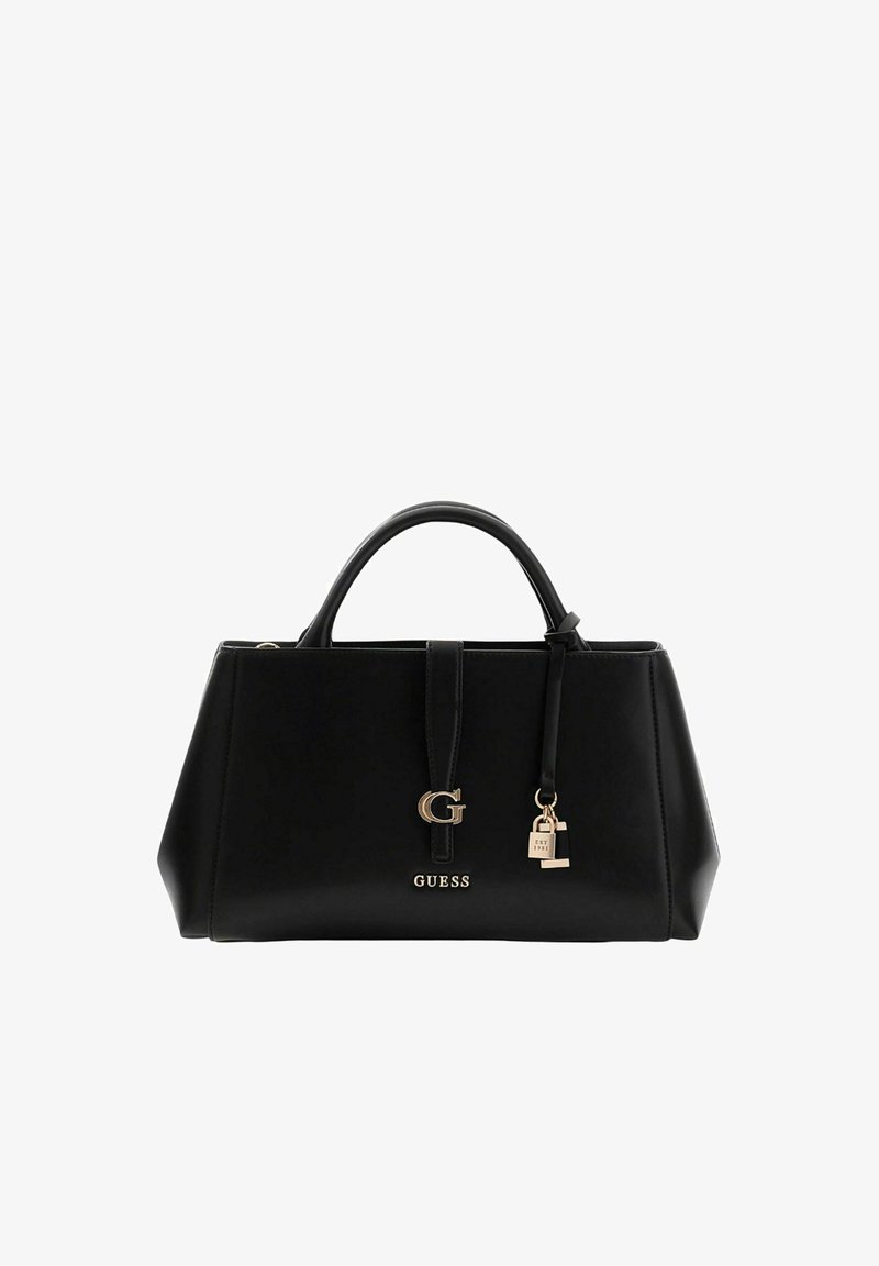 Sac à main synthétique noir avec poignées supérieures, forme trapézoïdale, accents dorés et un cadenas décoratif. Dispose d'un logo "G" bien visible.