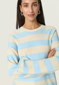 Blå og beige stribet ribbet sweater med rund halsudskæring og lange ærmer, med en afslappet pasform og tekstureret stof.