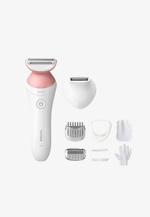 Der Philips Nass- und Trockenrasierer verfügt über einen pink-weißen Griff, einen abnehmbaren Kopf, mehrere Kammaufsätze, einen Aufbewahrungsbeutel und einen Peeling-Handschuh.