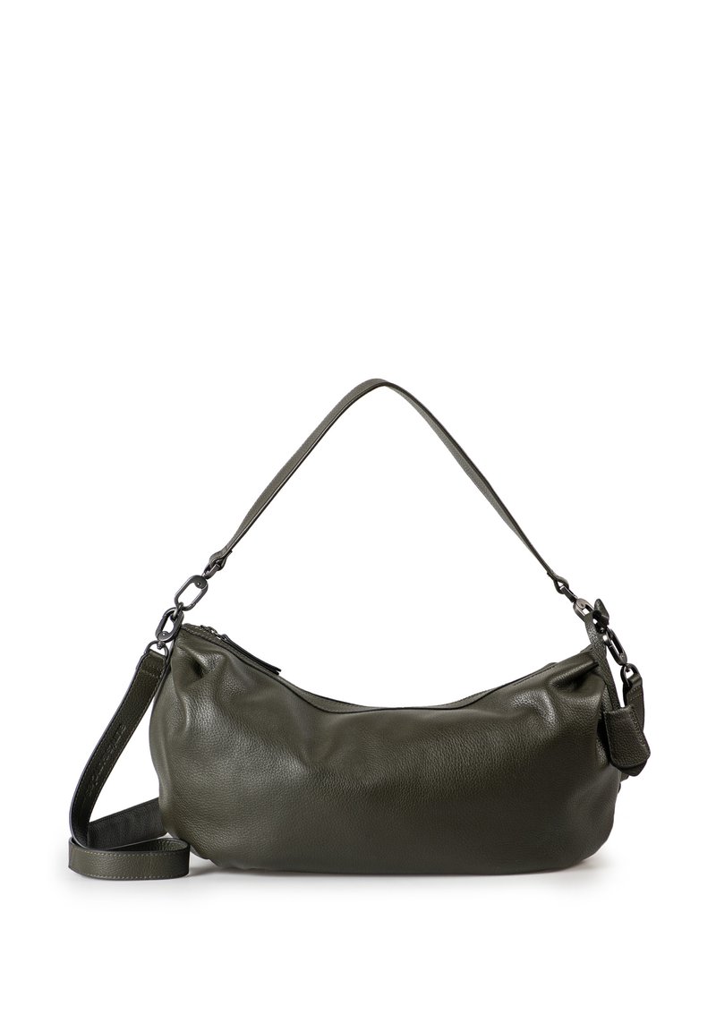 Borsa a spalla in pelle verde oliva con forma curva, tracolla singola e chiusura con zip. Texture liscia e accenti hardware minimi.