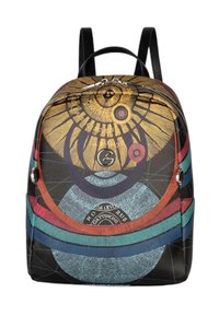 Zaino con un design vibrante e multicolore, caratterizzato da motivi circolari, superficie testurizzata e doppie tracolle. Chiusura superiore con zip.
