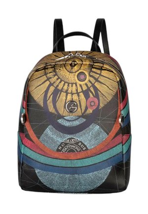 Zaino con un design vibrante e multicolore, caratterizzato da motivi circolari, superficie testurizzata e doppie tracolle. Chiusura superiore con zip.