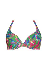 Zielony stanik bikini z kwiatowym wzorem w odcieniach różu i niebieskiego, z regulowanymi ramiączkami i złotymi akcentami. Gładka tekstura i usztywniane miseczki.
