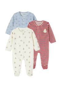 Drei Baby-Fußanzüge: hellblau mit Segelbootmotiven, cremefarben mit kleinen Booten und Tiermotiven sowie rot-weiß gestreift mit Boots-Patch.