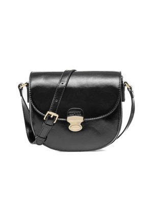 Czarna skórzana torebka na ramię o zaokrąglonym kształcie, z złotymi elementami, z klapą i regulowanym paskiem. Gładka tekstura z minimalnymi detalami.