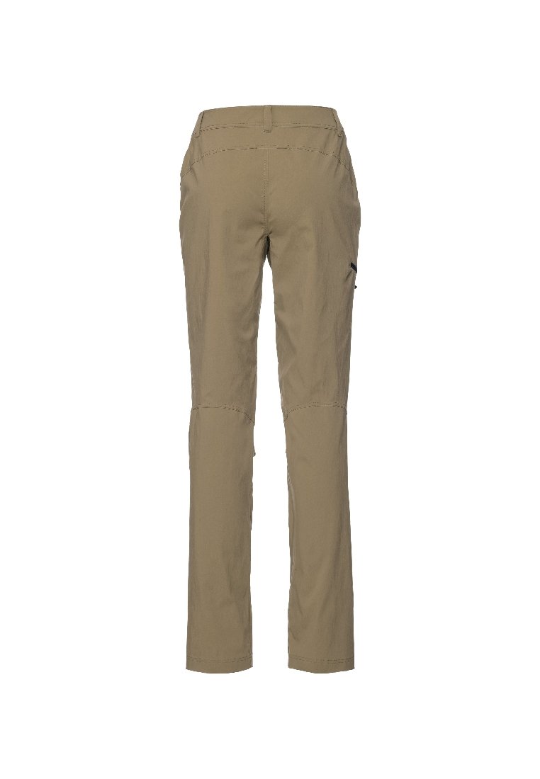 Beige Outdoor-Hosen aus leichtem Material. Sie verfügen über einen geraden Schnitt, sichtbare Nähte und eine seitliche Tasche zur Aufbewahrung.