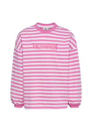Sweatshirt met lange mouwen met roze en witte horizontale strepen en een roze geborduurd "hummel" logo over de borst.