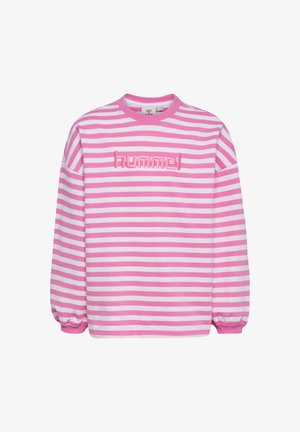 Langærmet sweatshirt med lyserøde og hvide vandrette striber og pink broderet "hummel"-logo tværs over brystet.