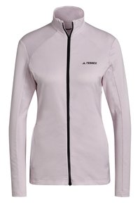 Veste rose pâle à manches longues avec une fermeture éclair noire à l'avant et un logo Terrex sur la poitrine gauche, avec un col montant.