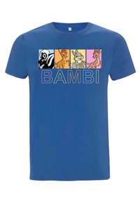 Camiseta de algodón azul con un diseño de dibujos animados de personajes en cuadros de colores y el texto "BAMBI" en varios colores debajo.