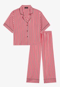 Red and white striped short-sleeve pajama set with a button-up shirt and elastic waistband pants. Features black trim accents.