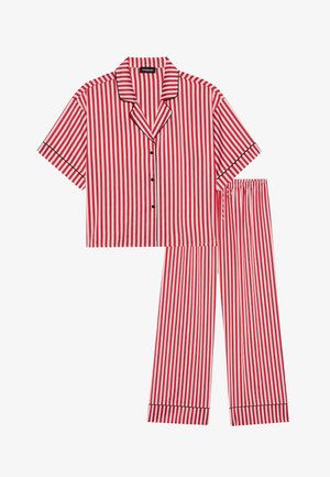 Punainen ja valkoinen raidallinen lyhythihainen yöasu, jossa on napilla suljettava paita ja joustovyötäröiset housut. Sisältää mustia reunaväriä.