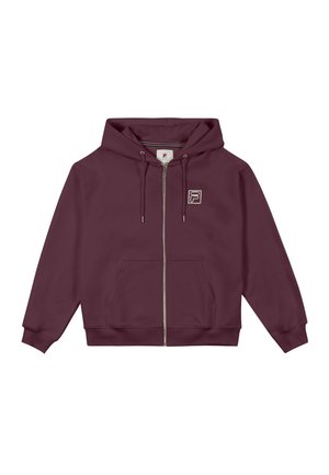 Sudadera con cremallera color marrón, confeccionada con un tejido de mezcla de algodón. Cuenta con un bolsillo frontal, capucha con cordón y un logotipo bordado en el pecho.