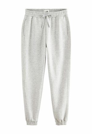 Pantaloni sportivi grigio chiaro realizzati in tessuto morbido, con vita elasticizzata, coulisse, tasche laterali e orli aderenti alle caviglie.