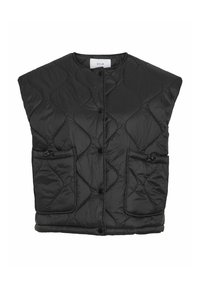 Gilet noir matelassé sans manches avec boutons-pression, poches avant avec détails de boutons et encolure ronde.