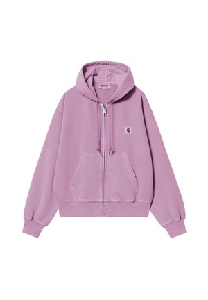 Jasnofioletowa bluza z kapturem na zamek, z przednimi kieszeniami, regulowanym ściągaczem w kapturze i małą naszywką z logo Carhartt na piersi.