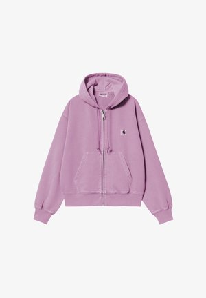 Jasnofioletowa bluza z kapturem na zamek, z przednimi kieszeniami, regulowanym ściągaczem w kapturze i małą naszywką z logo Carhartt na piersi.