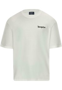 Fehér pamut póló rövid ujjakkal és kerek nyakkivágással. Az elülső részen fekete "Dropsize" logóval. Egyszerű és klasszikus dizájn.