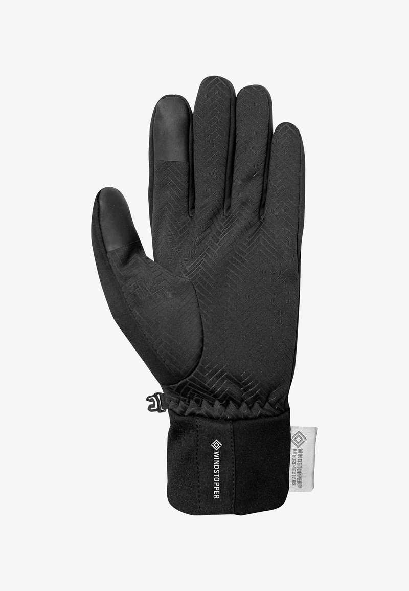 Zwarte handschoenen met een gestructureerd visgraatpatroon, voorzien van een perfecte pasvorm, verstelbare polsband en Windstopper-logo op de manchet.