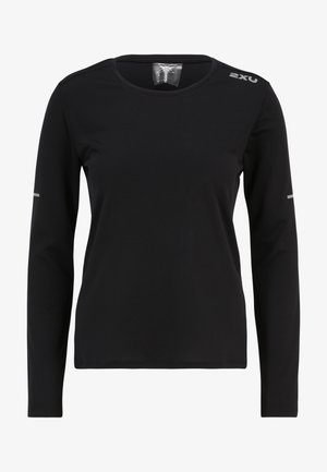 Schwarzes langärmeliges Sportshirt aus leichtem Stoff. Mit rundem Ausschnitt, reflektierenden Akzenten an den Schultern und taillierter Passform.