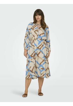 Robe maxi beige avec des motifs abstraits bleus et marron, dotée de manches longues, d'une taille ajustable à cordon et d'une coupe décontractée.