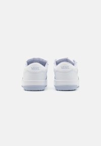 White Vans sneakers with a smooth leather upper, padded collar, and rubber outsole. Features blue accents and the Vans logo on the heel.