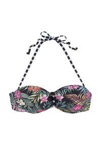 Gėlių bikini viršutinė dalis su daugiaspalviais tropiniais raštais, juodu fonu ir juodai baltais dryžuotais užrišamais dirželiais. Turi bandeau dizainą.