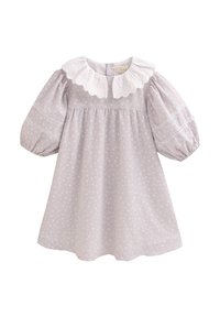 Grau gemustertes Kleid mit Puffärmeln und einem weißen Spitzenkragen. Hat horizontale Streifen und einen gerafften Rock. Weicher, strukturierten Stoff.