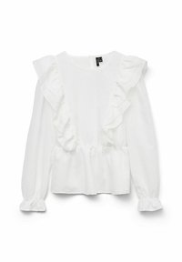 Blusa bianca con maniche arricciate e vita arricciata. Presenta maniche lunghe con polsini elastici e scollo rotondo con chiusura a bottone nella parte posteriore.