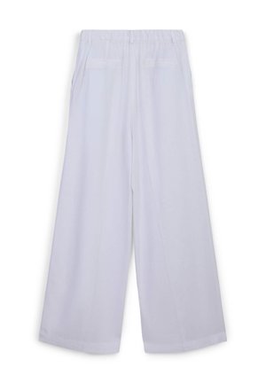 Pantaloni bianchi a gamba larga realizzati in un tessuto leggero, con vita elasticizzata e due tasche laterali per praticità e comfort.