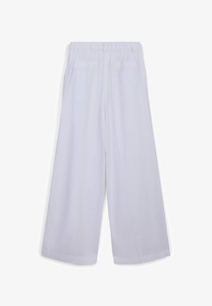 Pantalon blanc à jambes larges en tissu léger, doté d'une ceinture élastique et de deux poches latérales pour plus de praticité et de confort.