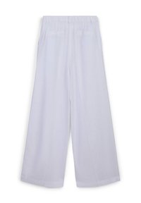 Pantaloni a gamba larga realizzati in tessuto leggero color grigio chiaro. Presentano una vita elastica e due tasche laterali. Texture liscia con dettagli minimi.