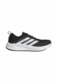 Black athletic shoe with white accents, featuring a textured upper, three diagonal stripes, and a thick white outsole with a black tread.