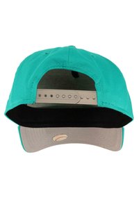 Turquoise baseball cap with a grey visor, adjustable snapback, and a black interior lining. Features a subtle baseball logo on the visor.