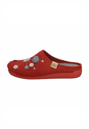 Red felt slipper with gray and white circular accents, rounded toe, and a soft interior. Features a textured sole and a small brand tag.