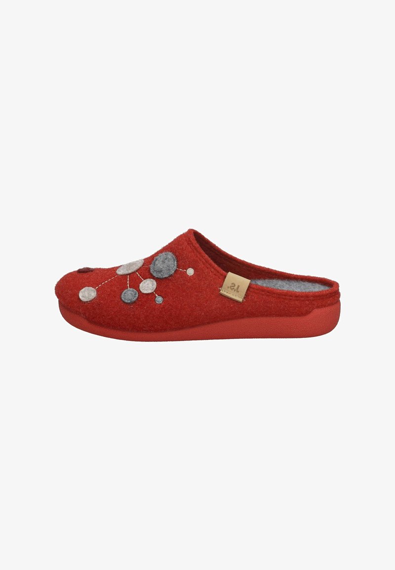 Red felt slipper with gray and white circular accents, rounded toe, and a soft interior. Features a textured sole and a small brand tag.