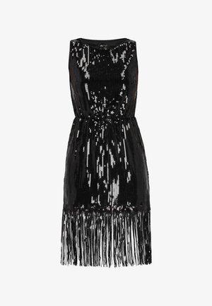 Black sleeveless dress covered in sequins with a fitted silhouette and a fringed hem, showcasing a smooth texture and shine.