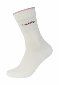 Hvide ankelstrømper med ribbet tekstur, lyserødt ribkant og "S. OLIVER" logo i mørkerød. Sømfri tådesign for komfort.