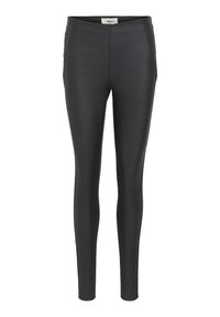 Leggings en simili cuir noir avec un design ajusté, une texture lisse et sans motifs visibles. Présentent des poches latérales et une taille mi-haute.