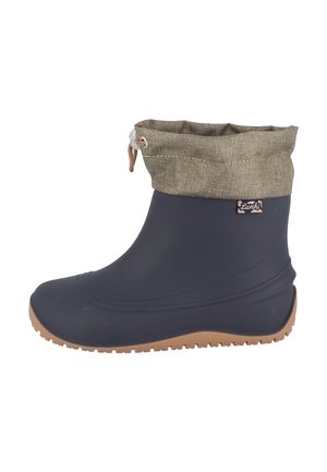 Navy blue rubber rain boot with brown sole and beige fold-over fabric cuff featuring adjustable drawstring.