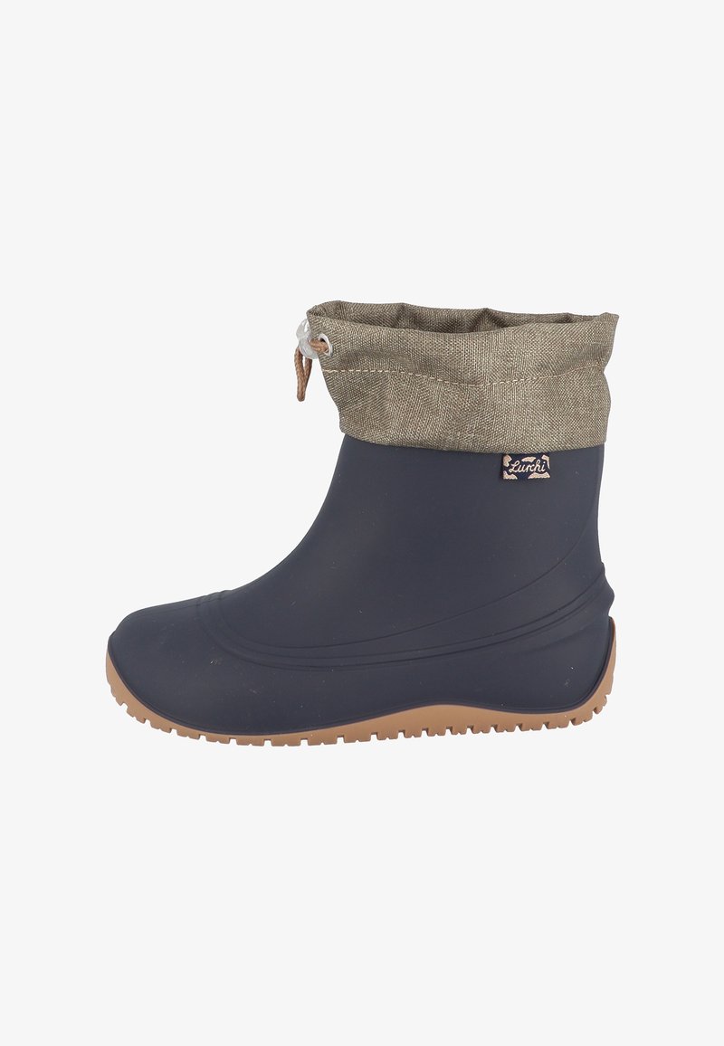 Botte de pluie en caoutchouc bleu marine avec semelle marron et revers en tissu beige avec lien cordon réglable.