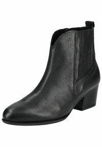 Bottines en cuir noir avec un bout pointu, des panneaux latéraux élastiques et un talon empilé. Texture lisse et design minimaliste.