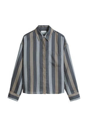 Koszula na guziki z długim rękawem w pionowe paski w kolorach czarnym, beżowym i białym, z kieszenią na piersi i klasycznym kołnierzykiem.