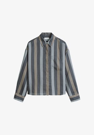 Koszula na guziki z długim rękawem w pionowe paski w kolorach czarnym, beżowym i białym, z kieszenią na piersi i klasycznym kołnierzykiem.