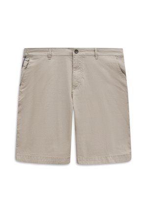 Hellbeige Herren-Shorts mit einem dezenten Diamantmuster, Knopfverschluss, Gürtelschlaufen und Seitentaschen auf weißem Hintergrund.